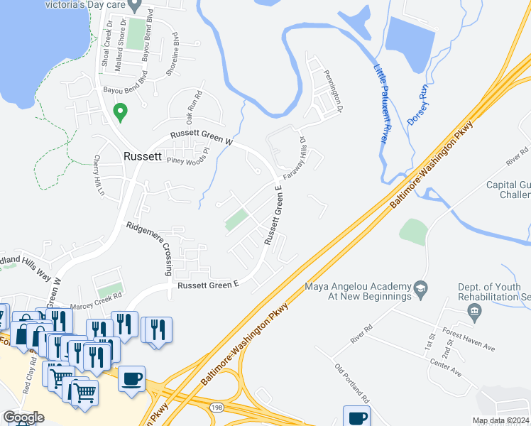 map of restaurants, bars, coffee shops, grocery stores, and more near 8208 Finchleigh Street in Laurel