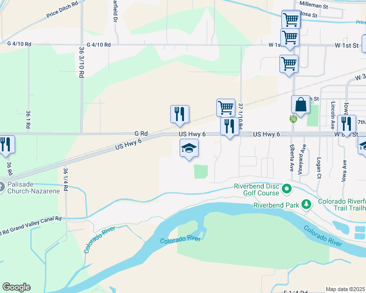 map of restaurants, bars, coffee shops, grocery stores, and more near 3679 G Road in Palisade