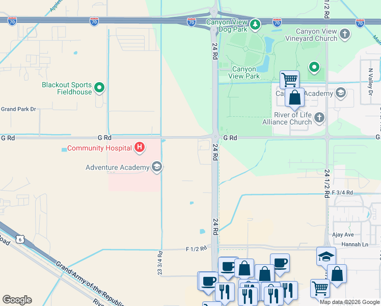 map of restaurants, bars, coffee shops, grocery stores, and more near 2385 G Road in Grand Junction