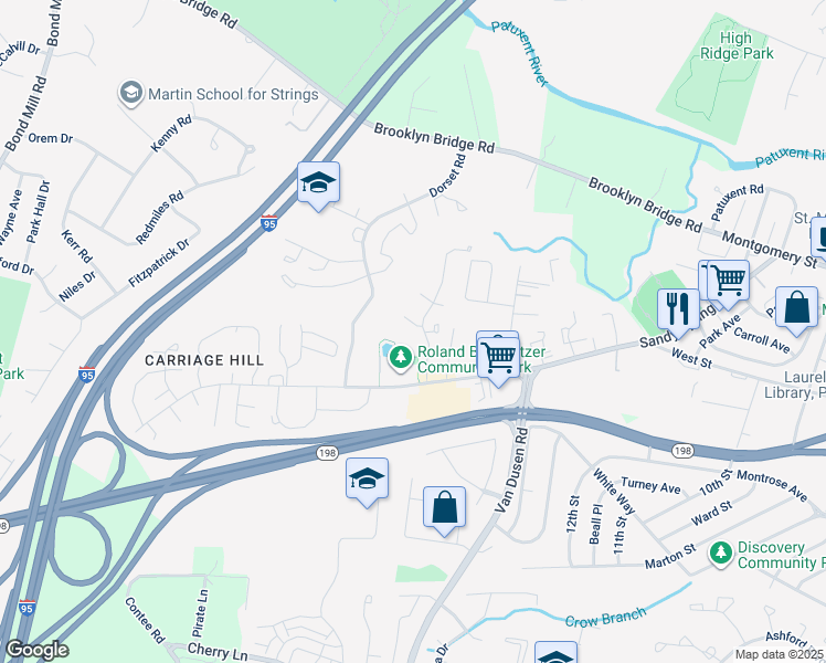 map of restaurants, bars, coffee shops, grocery stores, and more near 15650 Millbrook Lane in Laurel