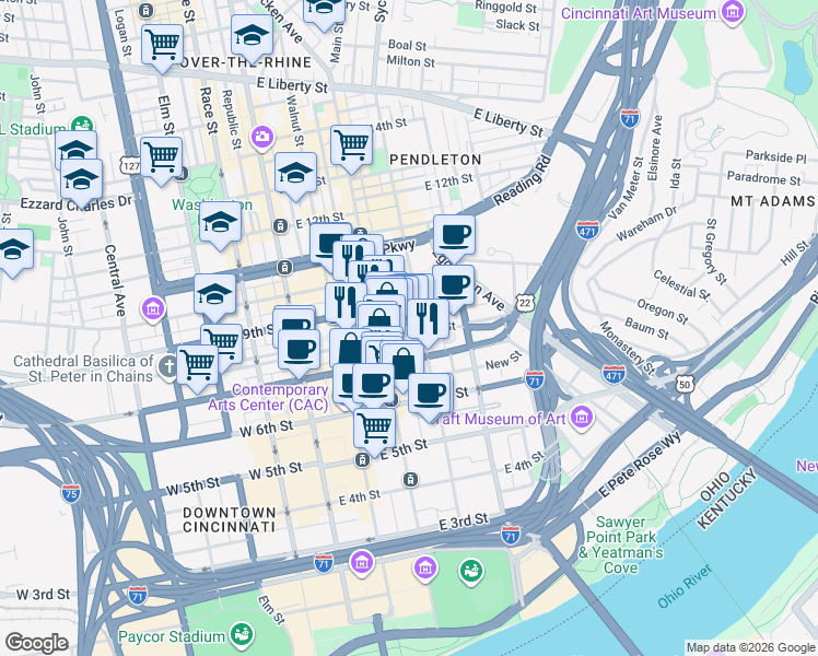 map of restaurants, bars, coffee shops, grocery stores, and more near 234 East 8th Street in Cincinnati