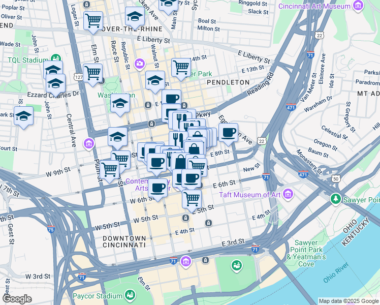 map of restaurants, bars, coffee shops, grocery stores, and more near 114 East 8th Street in Cincinnati