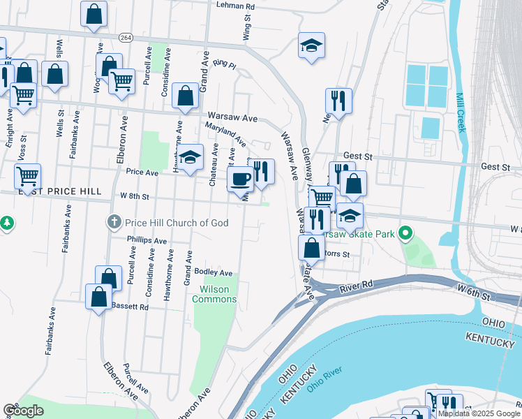 map of restaurants, bars, coffee shops, grocery stores, and more near 2429 Chateau Avenue in Cincinnati