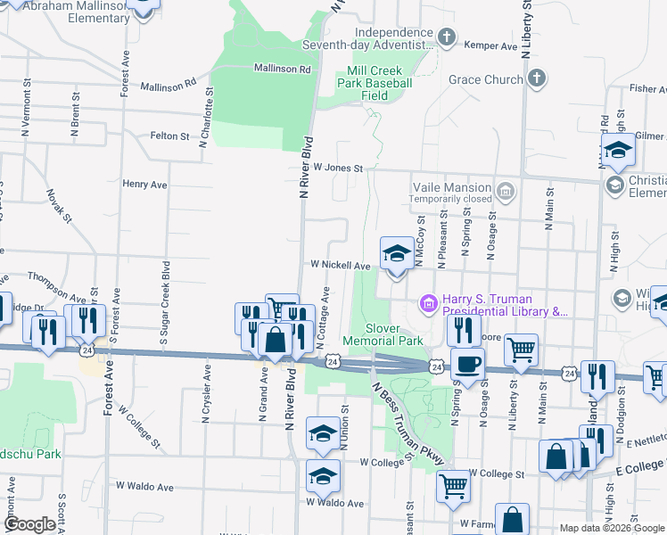 map of restaurants, bars, coffee shops, grocery stores, and more near 1218 North Union Street in Independence