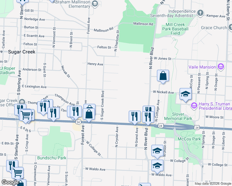map of restaurants, bars, coffee shops, grocery stores, and more near 1301 East Lexington Avenue in Independence