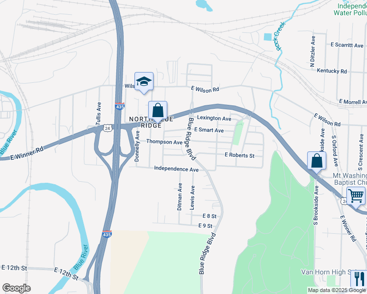 map of restaurants, bars, coffee shops, grocery stores, and more near 8626 Roberts Street in Kansas City