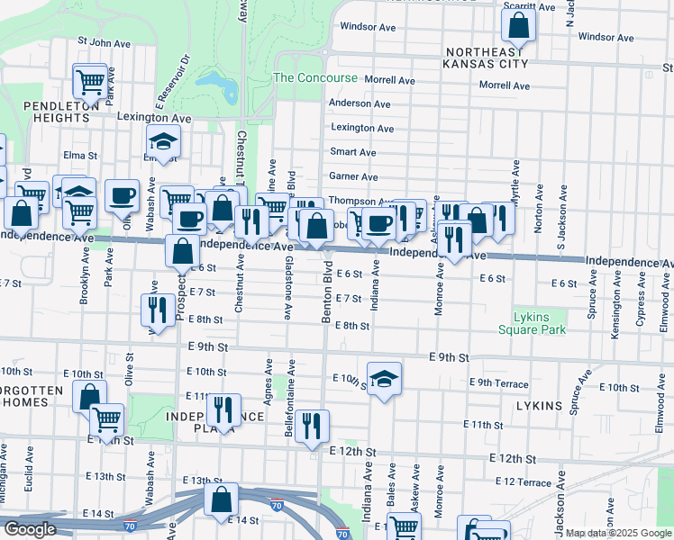 map of restaurants, bars, coffee shops, grocery stores, and more near 3211 East 6 Street in Kansas City