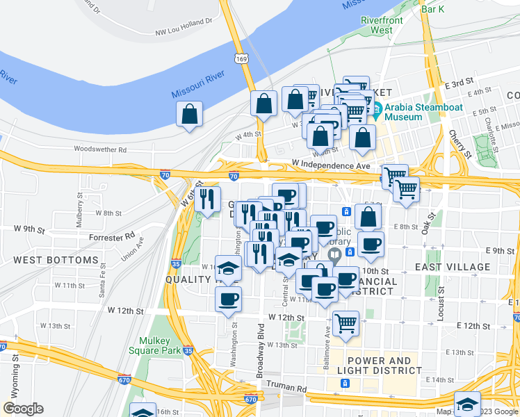 map of restaurants, bars, coffee shops, grocery stores, and more near in Kansas City