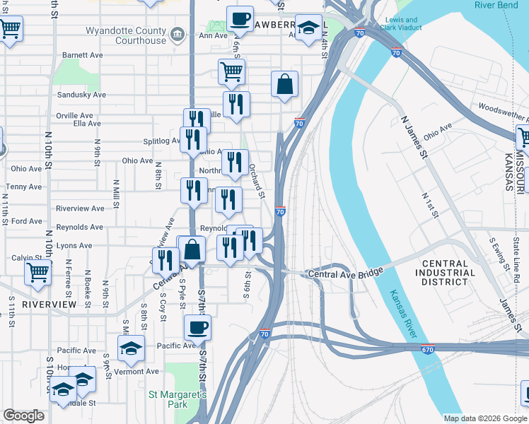 map of restaurants, bars, coffee shops, grocery stores, and more near 56 North Hallock Street in Kansas City