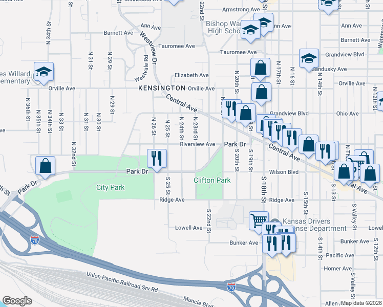 map of restaurants, bars, coffee shops, grocery stores, and more near 27 South 24th Street in Kansas City