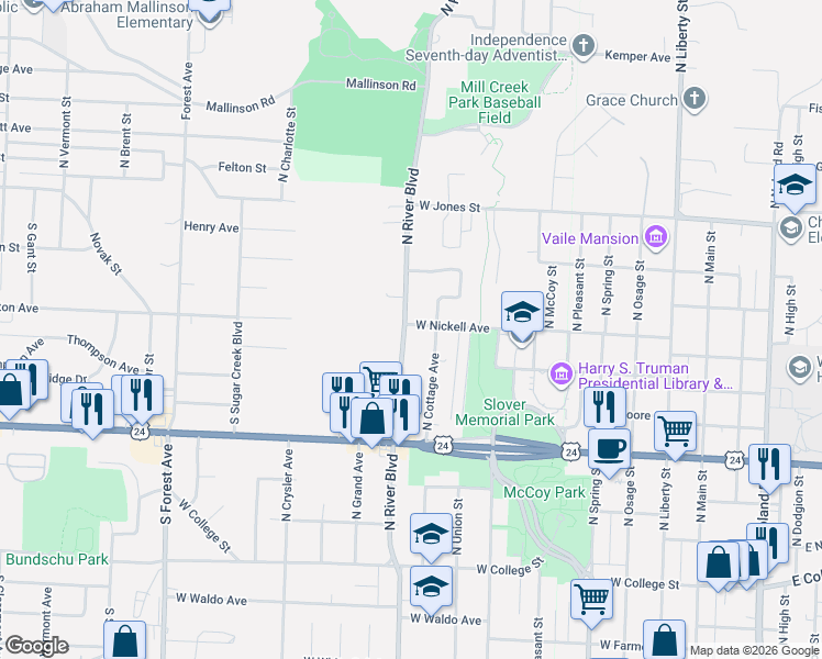map of restaurants, bars, coffee shops, grocery stores, and more near 1221 North River Boulevard in Independence