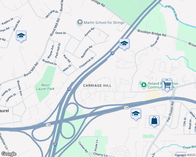 map of restaurants, bars, coffee shops, grocery stores, and more near 7129 Carriage Hill Drive in Laurel