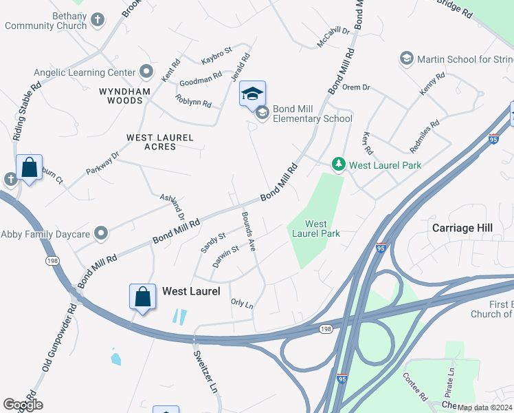 map of restaurants, bars, coffee shops, grocery stores, and more near 15705 Bond Mill Road in Laurel