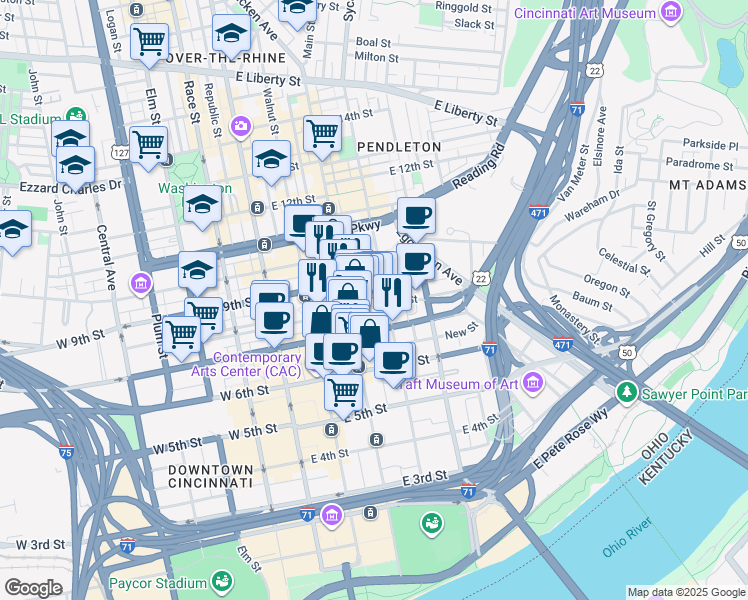 map of restaurants, bars, coffee shops, grocery stores, and more near in Cincinnati