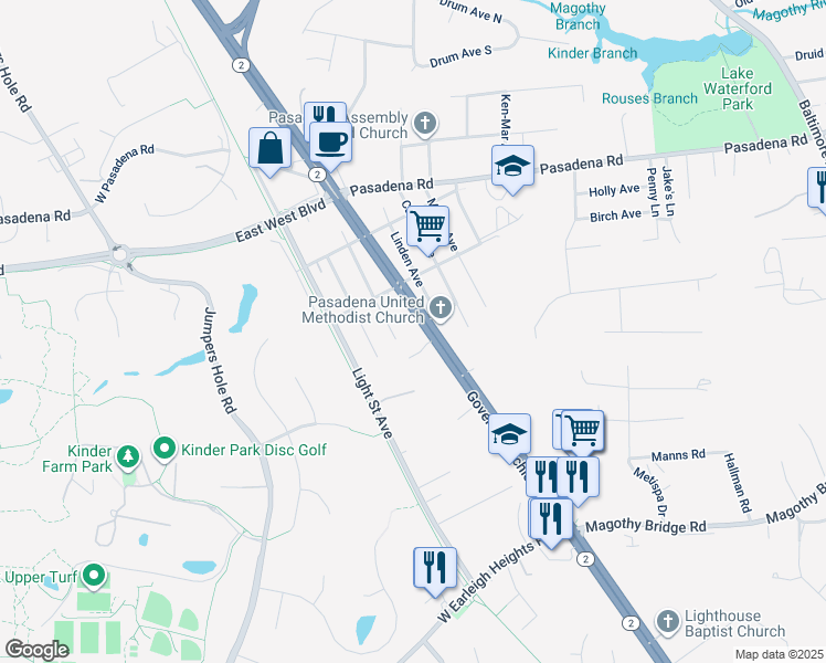 map of restaurants, bars, coffee shops, grocery stores, and more near 86 Ritchie Highway in Pasadena