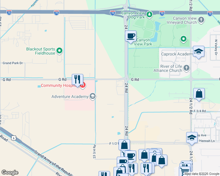 map of restaurants, bars, coffee shops, grocery stores, and more near 2385 G Road in Grand Junction