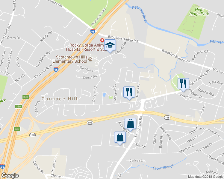 map of restaurants, bars, coffee shops, grocery stores, and more near 15650 Millbrook Lane in Laurel