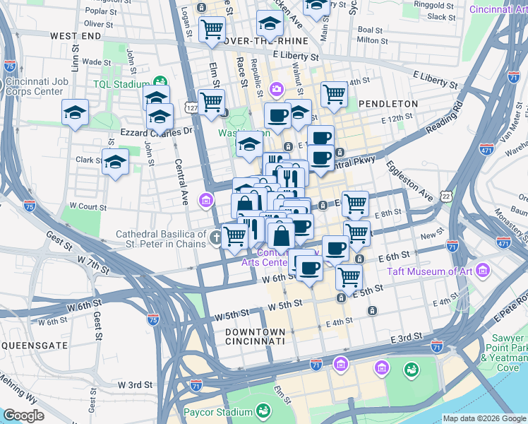 map of restaurants, bars, coffee shops, grocery stores, and more near 109 West 9th Street in Cincinnati