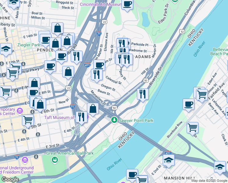 map of restaurants, bars, coffee shops, grocery stores, and more near 343 Oregon Street in Cincinnati