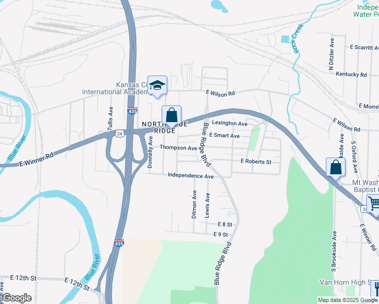 map of restaurants, bars, coffee shops, grocery stores, and more near 8626 Roberts Street in Kansas City