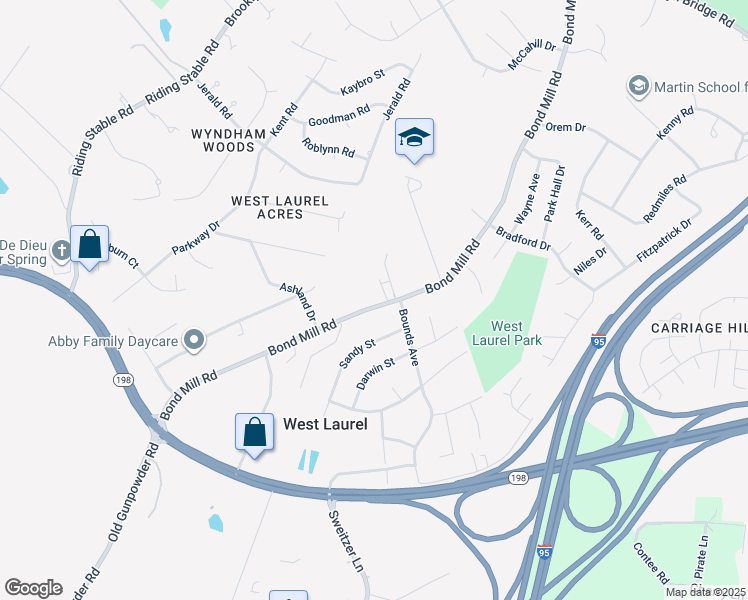 map of restaurants, bars, coffee shops, grocery stores, and more near 15622 Bond Mill Road in Laurel