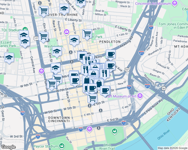 map of restaurants, bars, coffee shops, grocery stores, and more near 814 Main Street in Cincinnati