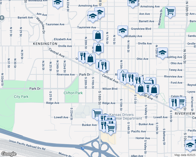 map of restaurants, bars, coffee shops, grocery stores, and more near 22 South 18th Street in Kansas City