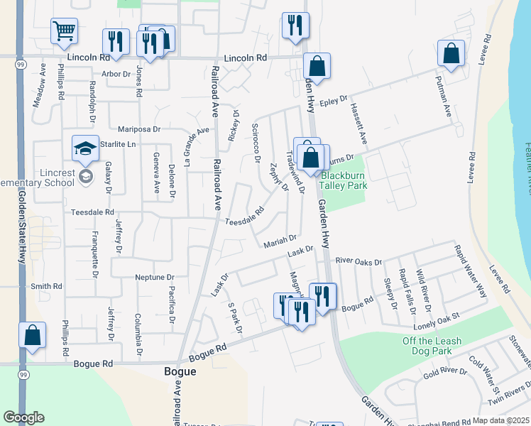 map of restaurants, bars, coffee shops, grocery stores, and more near 668 Teesdale Road in Yuba City