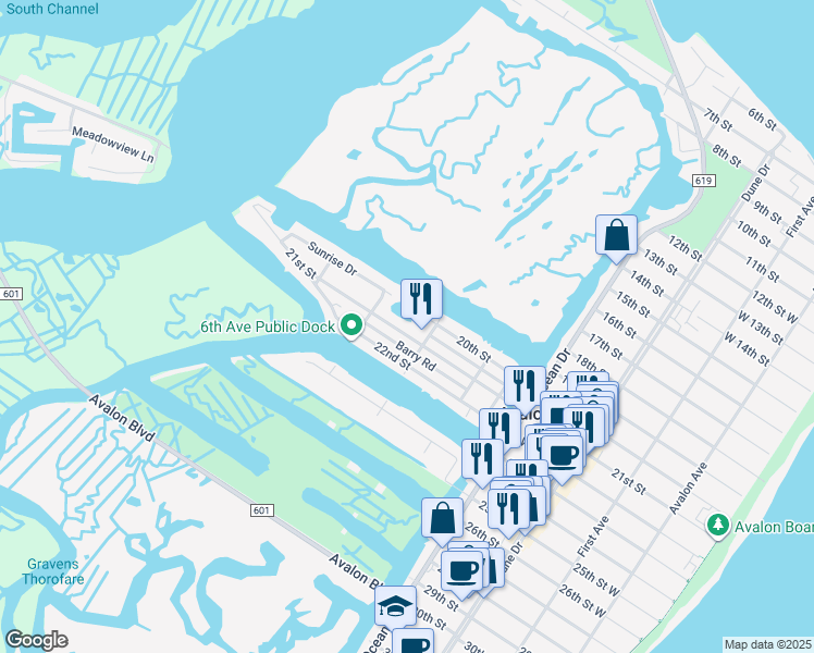 map of restaurants, bars, coffee shops, grocery stores, and more near 545 22nd Street in Avalon