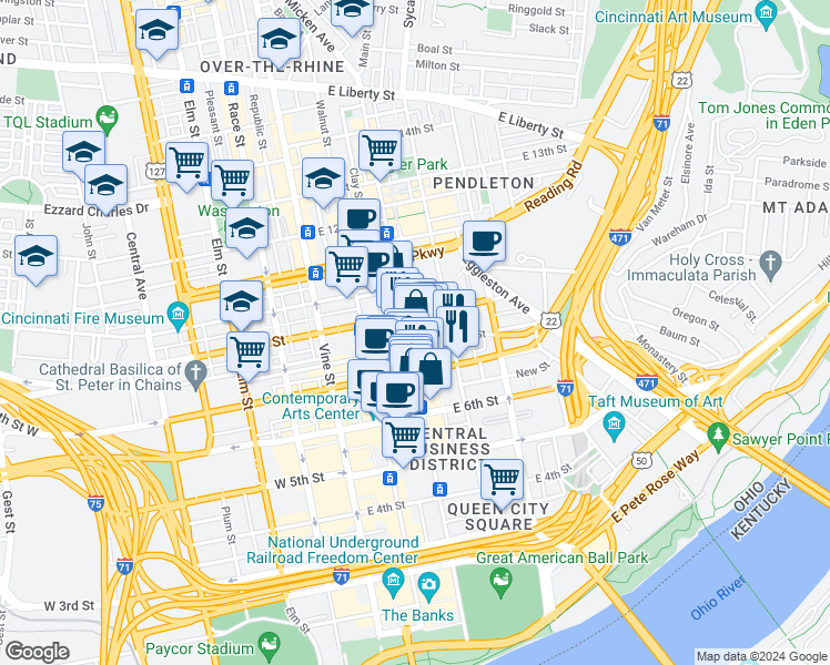 map of restaurants, bars, coffee shops, grocery stores, and more near 234 East 8th Street in Cincinnati