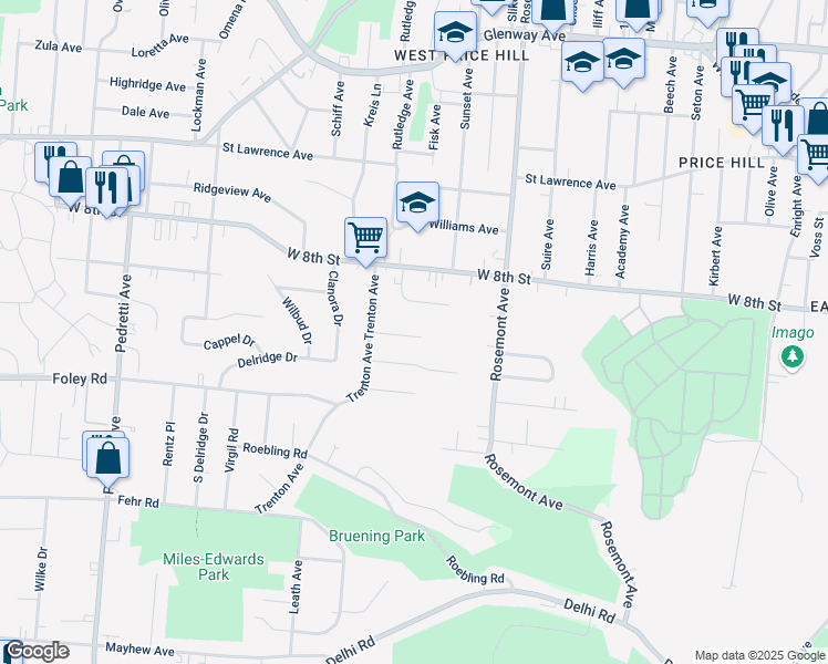 map of restaurants, bars, coffee shops, grocery stores, and more near 4115 Flower Avenue in Cincinnati