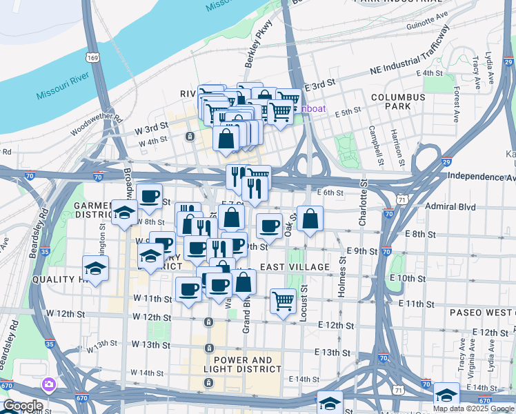map of restaurants, bars, coffee shops, grocery stores, and more near 705 McGee Street in Kansas City