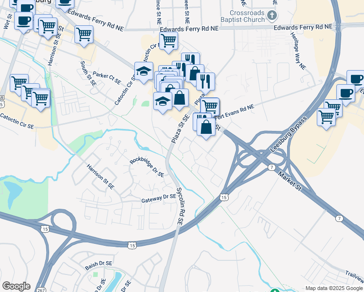 map of restaurants, bars, coffee shops, grocery stores, and more near 116 Fort Evans Road Southeast in Leesburg