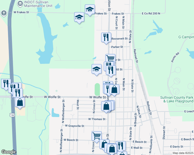 map of restaurants, bars, coffee shops, grocery stores, and more near 902 North Section Street in Sullivan