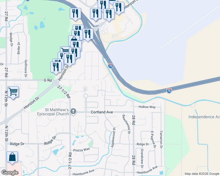 map of restaurants, bars, coffee shops, grocery stores, and more near 4125 Anasazi Court in Grand Junction