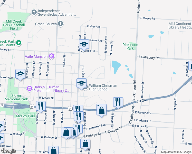 map of restaurants, bars, coffee shops, grocery stores, and more near 307 East Nickell Terrace in Independence