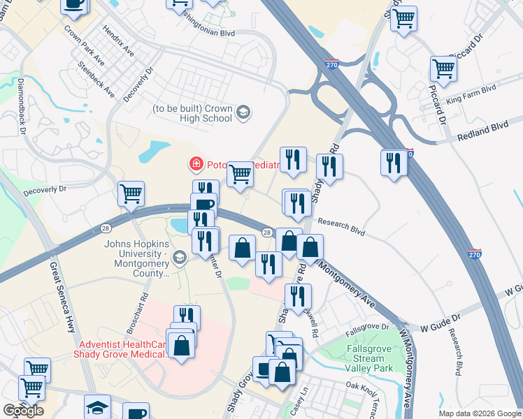 map of restaurants, bars, coffee shops, grocery stores, and more near 15251 Siesta Key Way in Rockville
