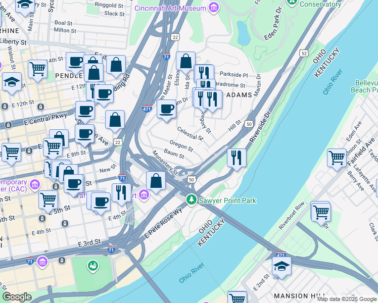 map of restaurants, bars, coffee shops, grocery stores, and more near 341 Oregon Street in Cincinnati