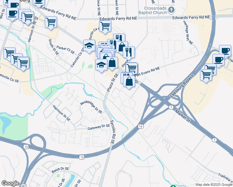 map of restaurants, bars, coffee shops, grocery stores, and more near 110 Fort Evans Road Southeast in Leesburg