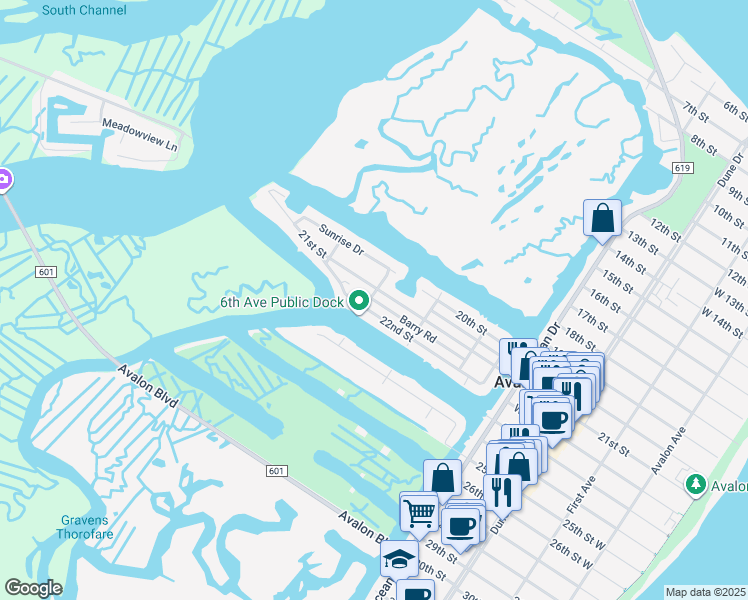 map of restaurants, bars, coffee shops, grocery stores, and more near 604 22nd Street in Avalon
