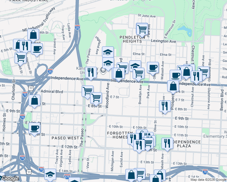 map of restaurants, bars, coffee shops, grocery stores, and more near 635 Woodland Avenue in Kansas City