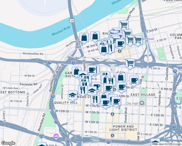 map of restaurants, bars, coffee shops, grocery stores, and more near 321 West 7th Street in Kansas City