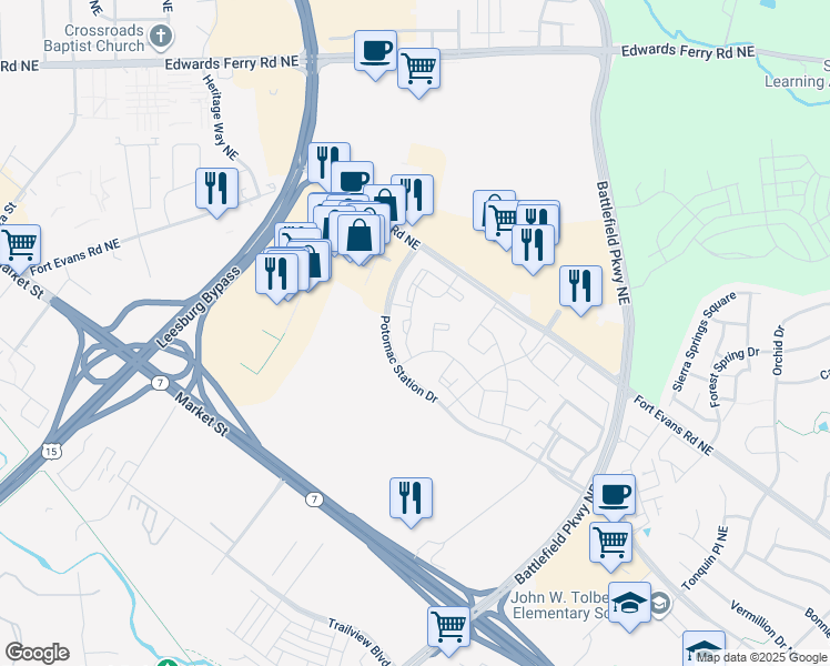 map of restaurants, bars, coffee shops, grocery stores, and more near 428 Andromeda Terrace Northeast in Leesburg