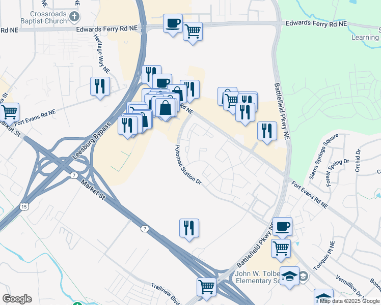 map of restaurants, bars, coffee shops, grocery stores, and more near 428 Andromeda Terrace Northeast in Leesburg
