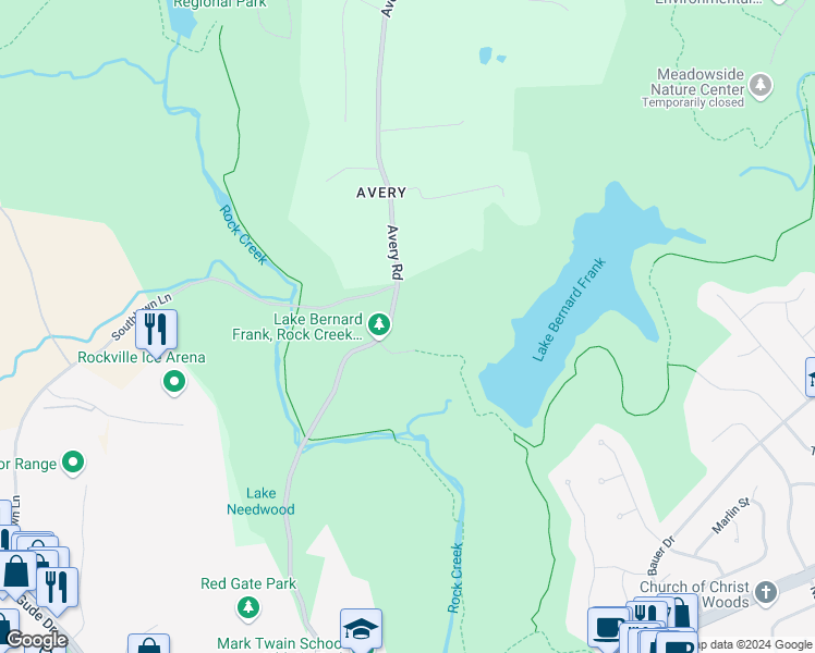 map of restaurants, bars, coffee shops, grocery stores, and more near 15211 Avery Road in Rockville