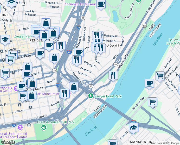 map of restaurants, bars, coffee shops, grocery stores, and more near 339 Oregon Street in Cincinnati