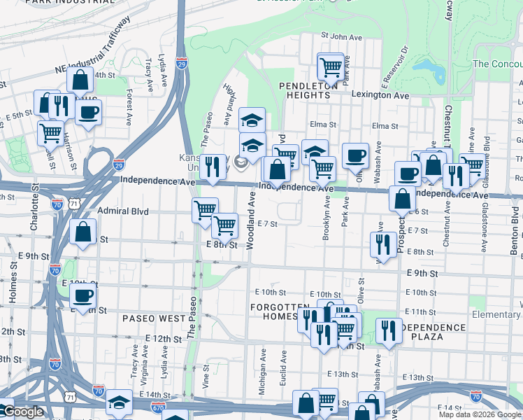 map of restaurants, bars, coffee shops, grocery stores, and more near 635 Woodland Avenue in Kansas City