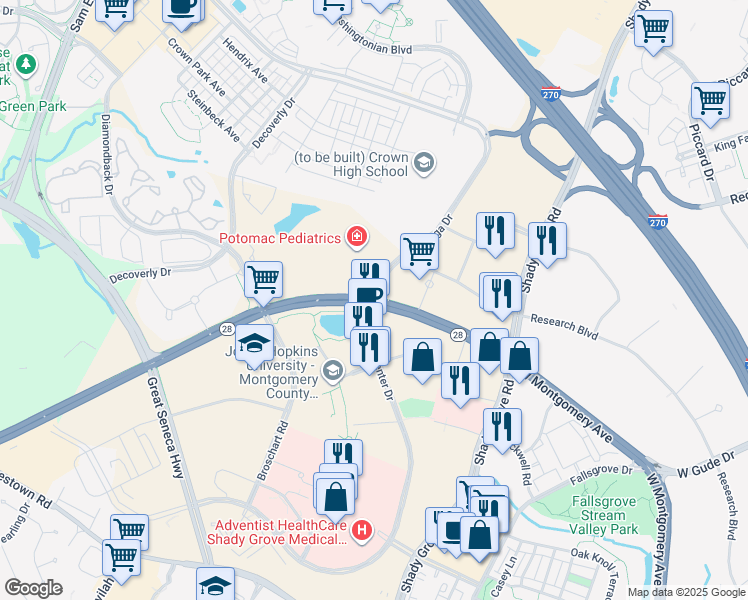 map of restaurants, bars, coffee shops, grocery stores, and more near 9501 Key West Avenue in Rockville