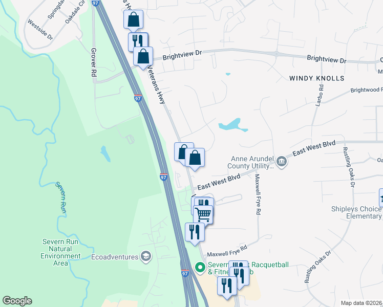 map of restaurants, bars, coffee shops, grocery stores, and more near 8249 Hortonia Point Drive in Millersville