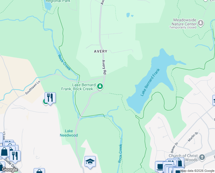 map of restaurants, bars, coffee shops, grocery stores, and more near 15211 Avery Road in Rockville